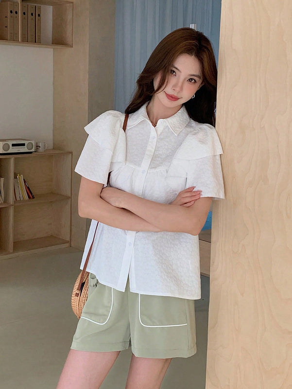 EastFlair Blusa de diseno partido para mujer con cuello doblado casual, doble capa con borde de volantes en mangas cortas
