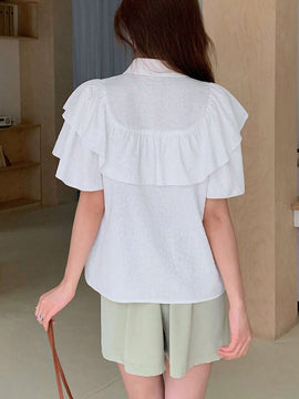 EastFlair Blusa de diseno partido para mujer con cuello doblado casual, doble capa con borde de volantes en mangas cortas