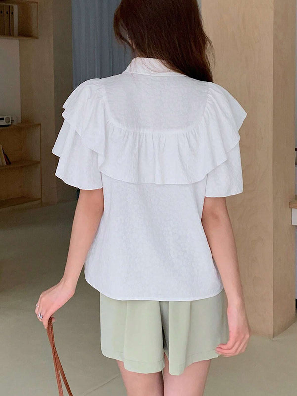 EastFlair Blusa de diseno partido para mujer con cuello doblado casual, doble capa con borde de volantes en mangas cortas