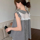EastFlair Camisa casual de manga corta para mujer con ajuste holgado con ribete de volantes y dees de patron a cuadros