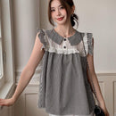 EastFlair Camisa casual de manga corta para mujer con ajuste holgado con ribete de volantes y dees de patron a cuadros