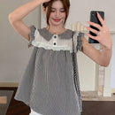 EastFlair Camisa casual de manga corta para mujer con ajuste holgado con ribete de volantes y dees de patron a cuadros