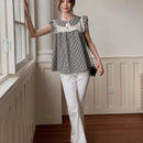 EastFlair Camisa casual de manga corta para mujer con ajuste holgado con ribete de volantes y dees de patron a cuadros