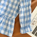 Camisa de cuadros con cuello redondo y manga larga, lazo frontal, dees de encaje y pliegues de fruncido, perfecta para la temporada de graduacion