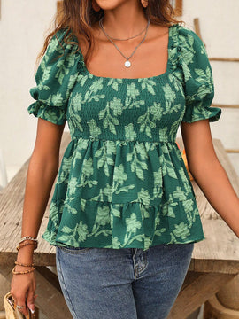 Blusa de manga corta con cuello cuadrado para uso diario de mujer con estampado