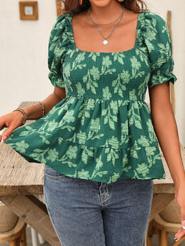 Blusa de manga corta con cuello cuadrado para uso diario de mujer con estampado