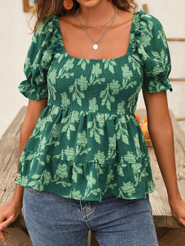 Blusa de manga corta con cuello cuadrado para uso diario de mujer con estampado