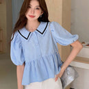 EastFlair Camisa informal con mangas abullonadas y bloques de color sueltos para mujer, con dobladillo con volantes y cuello alto