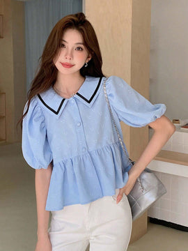 EastFlair Camisa informal con mangas abullonadas y bloques de color sueltos para mujer, con dobladillo con volantes y cuello alto