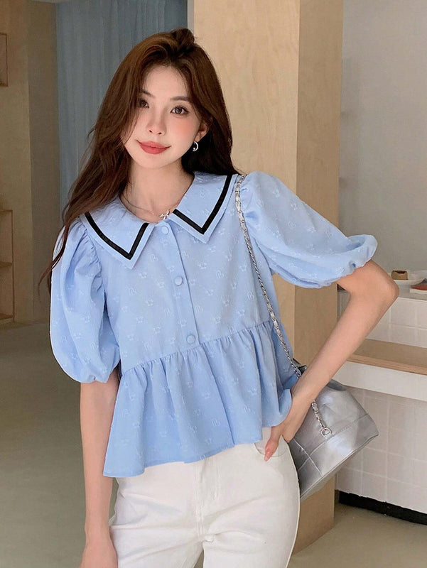EastFlair Camisa informal con mangas abullonadas y bloques de color sueltos para mujer, con dobladillo con volantes y cuello alto