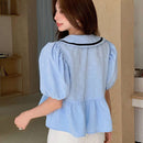EastFlair Camisa informal con mangas abullonadas y bloques de color sueltos para mujer, con dobladillo con volantes y cuello alto