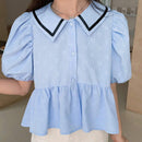 EastFlair Camisa informal con mangas abullonadas y bloques de color sueltos para mujer, con dobladillo con volantes y cuello alto