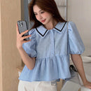 EastFlair Camisa informal con mangas abullonadas y bloques de color sueltos para mujer, con dobladillo con volantes y cuello alto