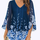 Tops casuales de tunica de mujer con mangas 3/4, blusas dobles de flores de capas sueltas con camisas de malla plisada