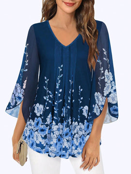 Tops casuales de tunica de mujer con mangas 3/4, blusas dobles de flores de capas sueltas con camisas de malla plisada