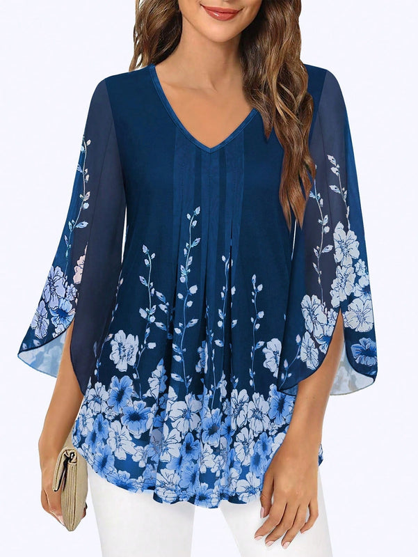 Tops casuales de tunica de mujer con mangas 3/4, blusas dobles de flores de capas sueltas con camisas de malla plisada