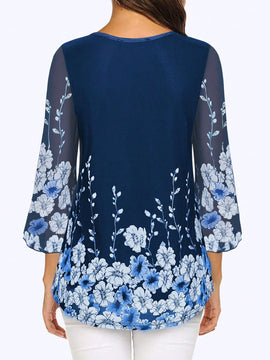 Tops casuales de tunica de mujer con mangas 3/4, blusas dobles de flores de capas sueltas con camisas de malla plisada