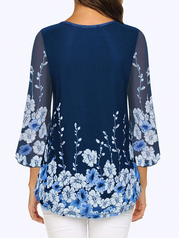 Tops casuales de tunica de mujer con mangas 3/4, blusas dobles de flores de capas sueltas con camisas de malla plisada