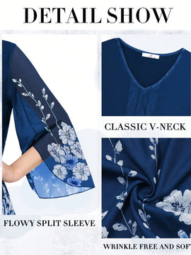 Tops casuales de tunica de mujer con mangas 3/4, blusas dobles de flores de capas sueltas con camisas de malla plisada