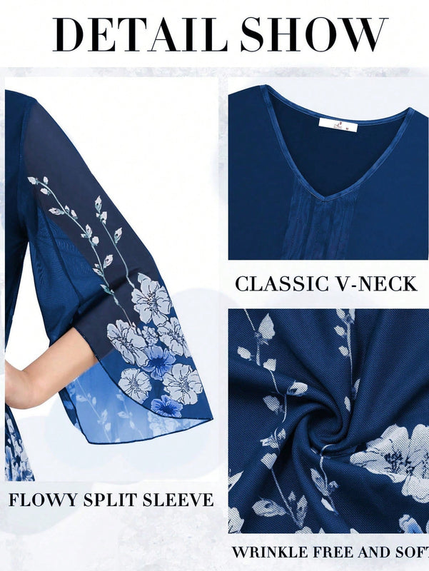 Tops casuales de tunica de mujer con mangas 3/4, blusas dobles de flores de capas sueltas con camisas de malla plisada