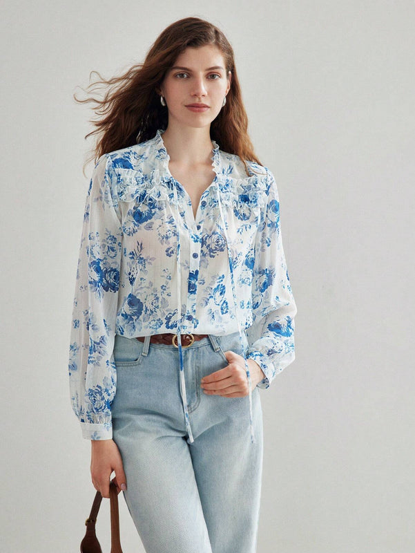 MOTF PREMIUM Blusa ligera con estampado floral y cuello lazo