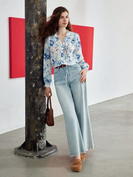 MOTF PREMIUM Blusa ligera con estampado floral y cuello lazo