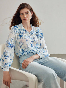 MOTF PREMIUM Blusa ligera con estampado floral y cuello lazo