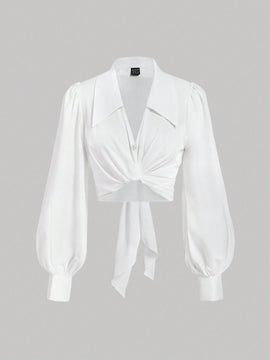 Camisa elegante de moda suave para mujer con cuello blanco, mangas abullonadas de largo completo, cruzada con lazo de cinta y lazo de lazo, blusa