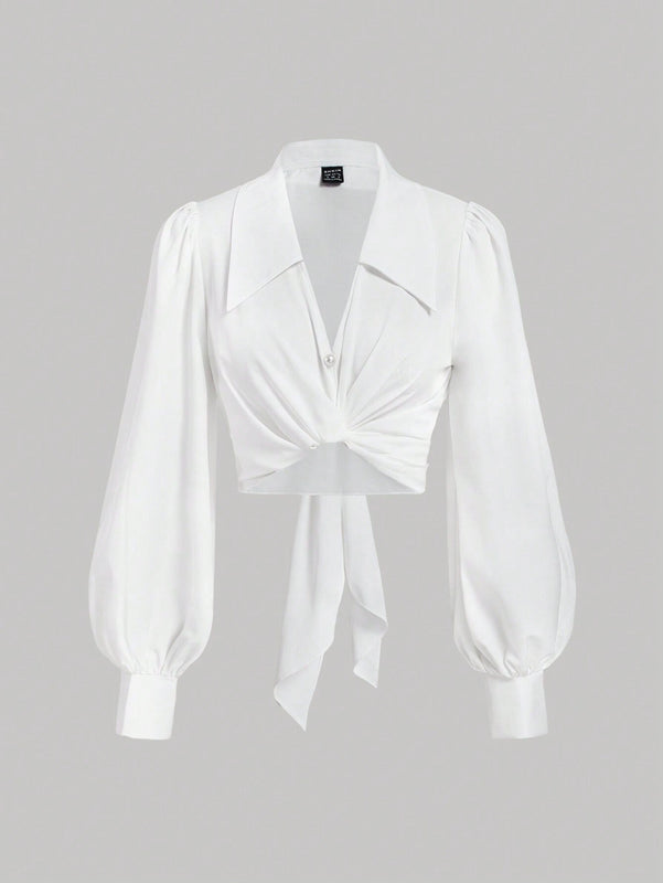Camisa elegante de moda suave para mujer con cuello blanco, mangas abullonadas de largo completo, cruzada con lazo de cinta y lazo de lazo, blusa