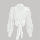 Camisa elegante de moda suave para mujer con cuello blanco, mangas abullonadas de largo completo, cruzada con lazo de cinta y lazo de lazo, blusa