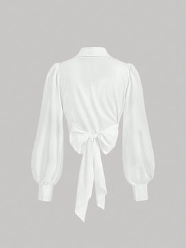 Camisa elegante de moda suave para mujer con cuello blanco, mangas abullonadas de largo completo, cruzada con lazo de cinta y lazo de lazo, blusa