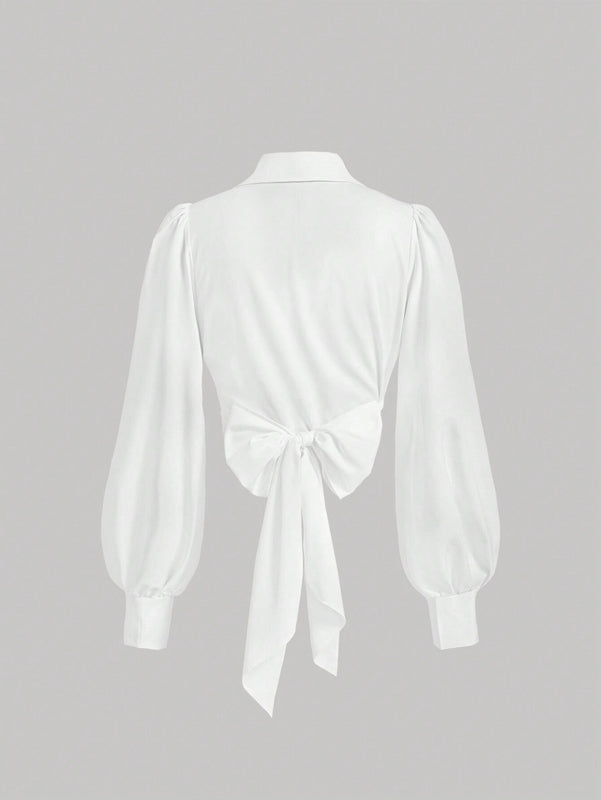 Camisa elegante de moda suave para mujer con cuello blanco, mangas abullonadas de largo completo, cruzada con lazo de cinta y lazo de lazo, blusa
