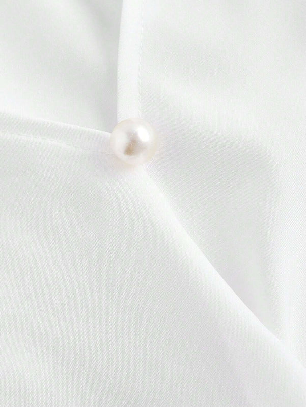 Camisa elegante de moda suave para mujer con cuello blanco, mangas abullonadas de largo completo, cruzada con lazo de cinta y lazo de lazo, blusa