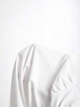Camisa elegante de moda suave para mujer con cuello blanco, mangas abullonadas de largo completo, cruzada con lazo de cinta y lazo de lazo, blusa