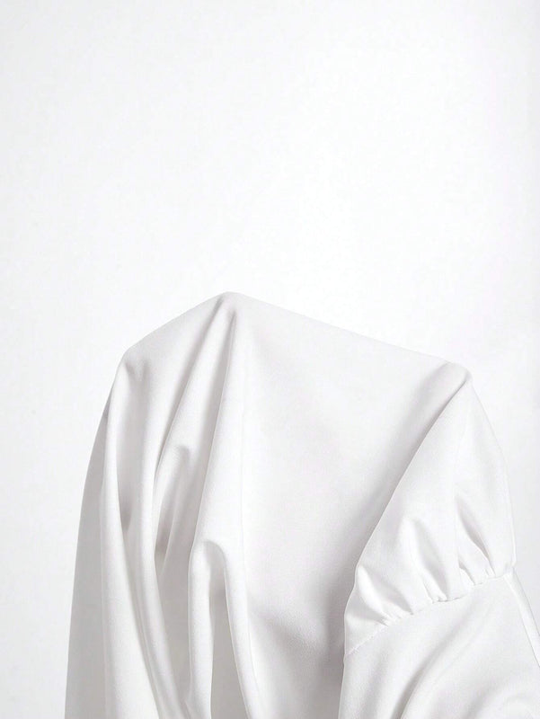 Camisa elegante de moda suave para mujer con cuello blanco, mangas abullonadas de largo completo, cruzada con lazo de cinta y lazo de lazo, blusa