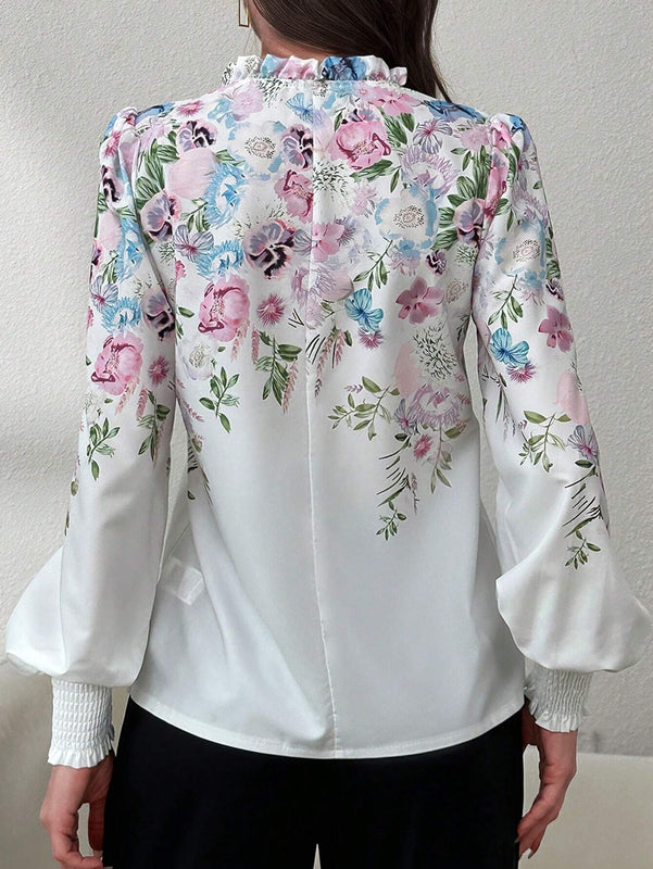 Camisa casual de manga larga para hombre con estampado posicional, cuello fruncido y abierto