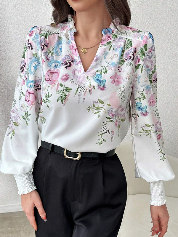 Camisa casual de manga larga para hombre con estampado posicional, cuello fruncido y abierto