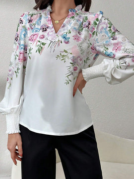 Camisa casual de manga larga para hombre con estampado posicional, cuello fruncido y abierto