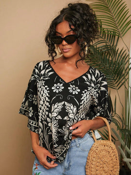 Camisa de mujer tejida con impresion, cuello en V, manga murcielago y estilo holgado regular para vacaciones