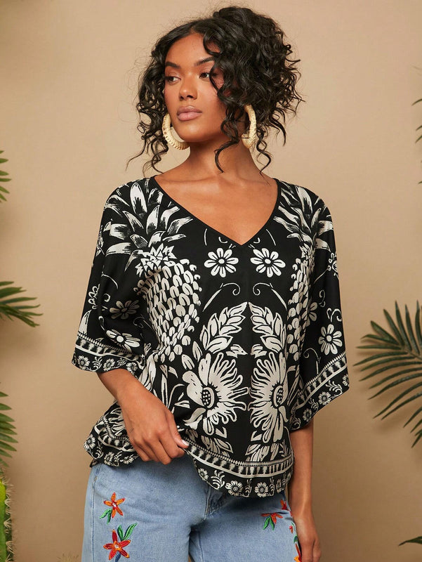 Camisa de mujer tejida con impresion, cuello en V, manga murcielago y estilo holgado regular para vacaciones