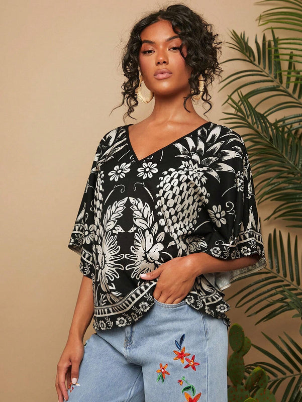 Camisa de mujer tejida con impresion, cuello en V, manga murcielago y estilo holgado regular para vacaciones