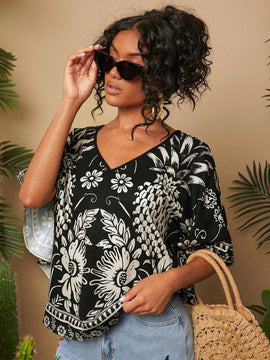 Camisa de mujer tejida con impresion, cuello en V, manga murcielago y estilo holgado regular para vacaciones