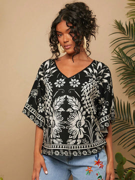 Camisa de mujer tejida con impresion, cuello en V, manga murcielago y estilo holgado regular para vacaciones