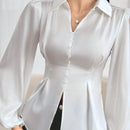 Camisa de trabajo con pliegues plegados de unicolor de manga larga, ajustada a la cintura para mujeres