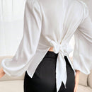 Camisa de trabajo con pliegues plegados de unicolor de manga larga, ajustada a la cintura para mujeres