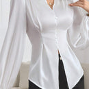 Camisa de trabajo con pliegues plegados de unicolor de manga larga, ajustada a la cintura para mujeres