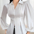 Camisa de trabajo con pliegues plegados de unicolor de manga larga, ajustada a la cintura para mujeres