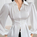 Camisa de trabajo con pliegues plegados de unicolor de manga larga, ajustada a la cintura para mujeres