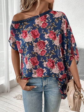 Camisa de manga murcielago con cuello asimetrico y estampado floral para mujer en verano