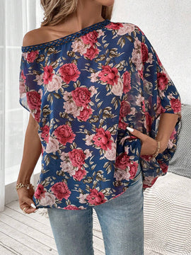 Camisa de manga murcielago con cuello asimetrico y estampado floral para mujer en verano